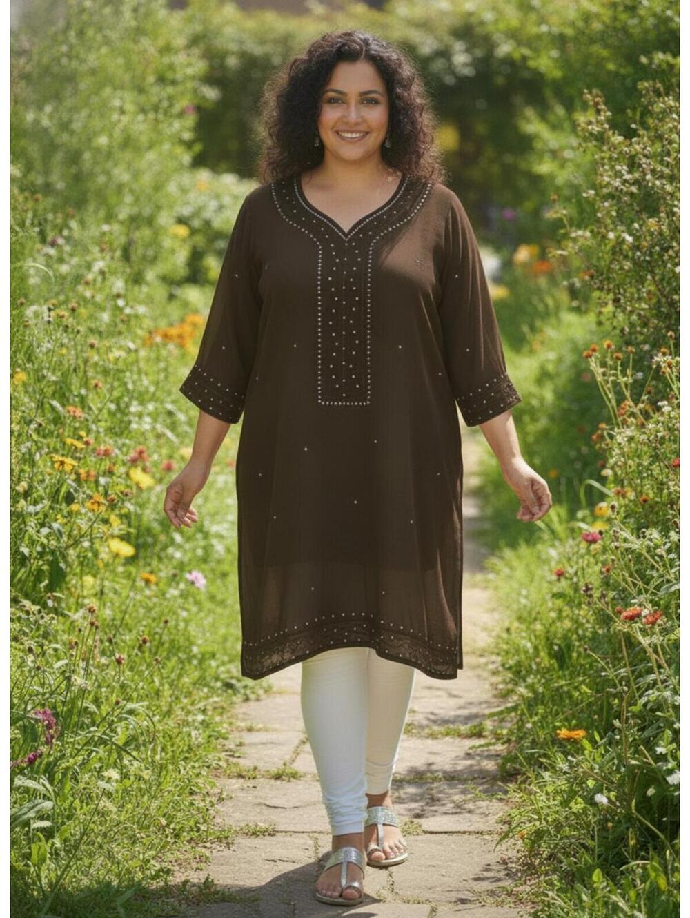 Westside Brown Embellished Tunic Dress Size 2XL sheer